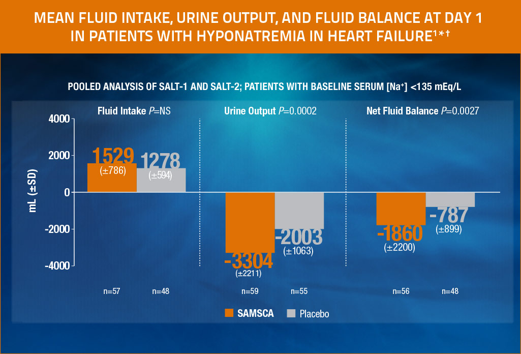 Chart showing the mean fluid intake, urine output and fluid balance at day 1 in patients with hyponatremia in heart failure.